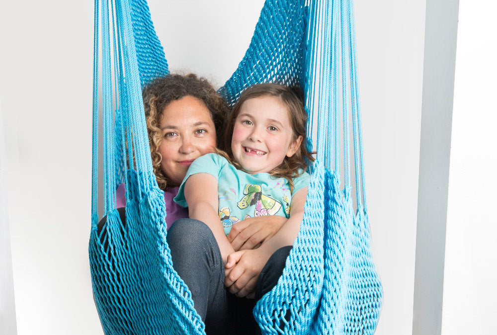 Mothers day gift idea - Hammock Swing - Mother and daughter are in a blue net swing together