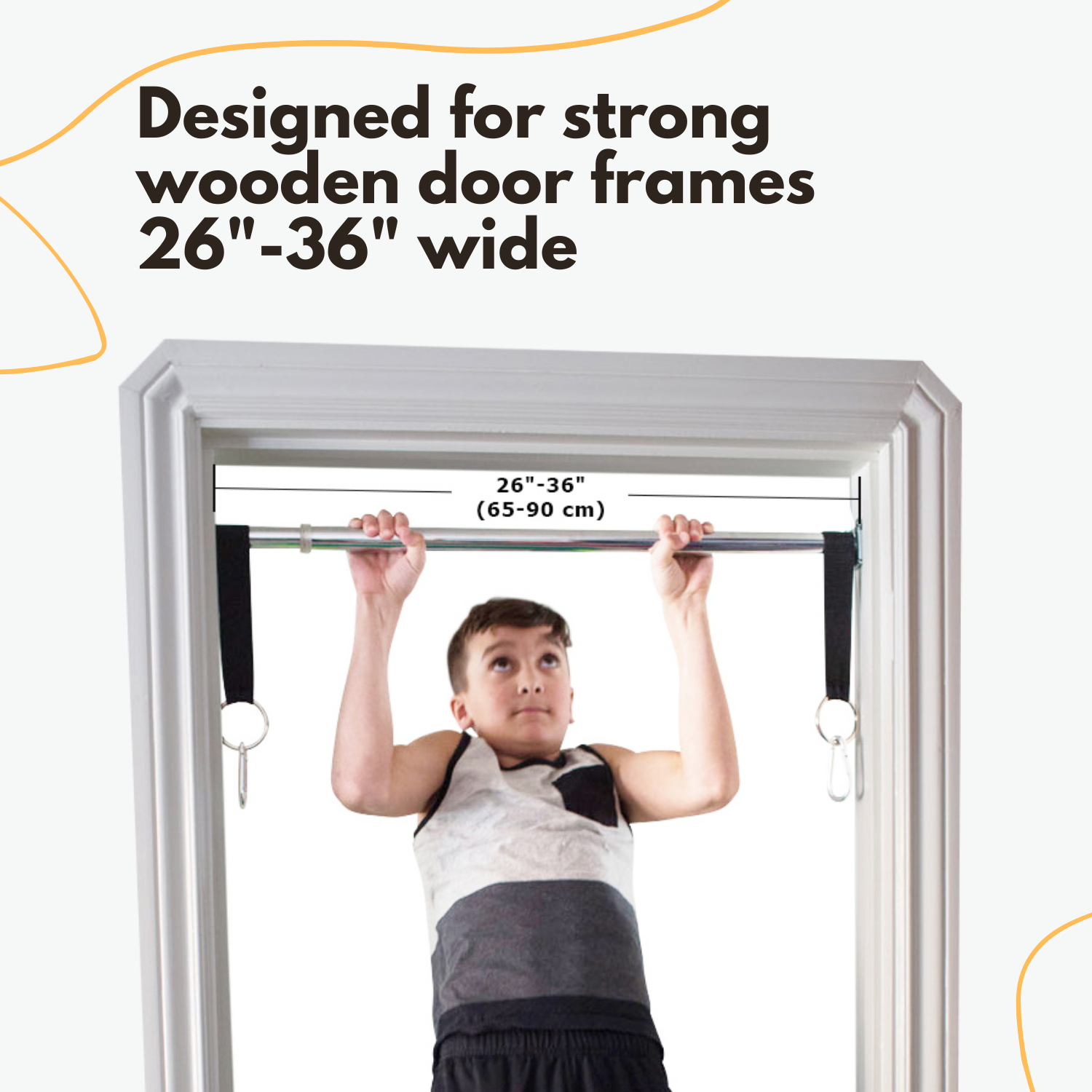 The doorway swing support bar is designed for strong wooden door frames 26"-36" wide