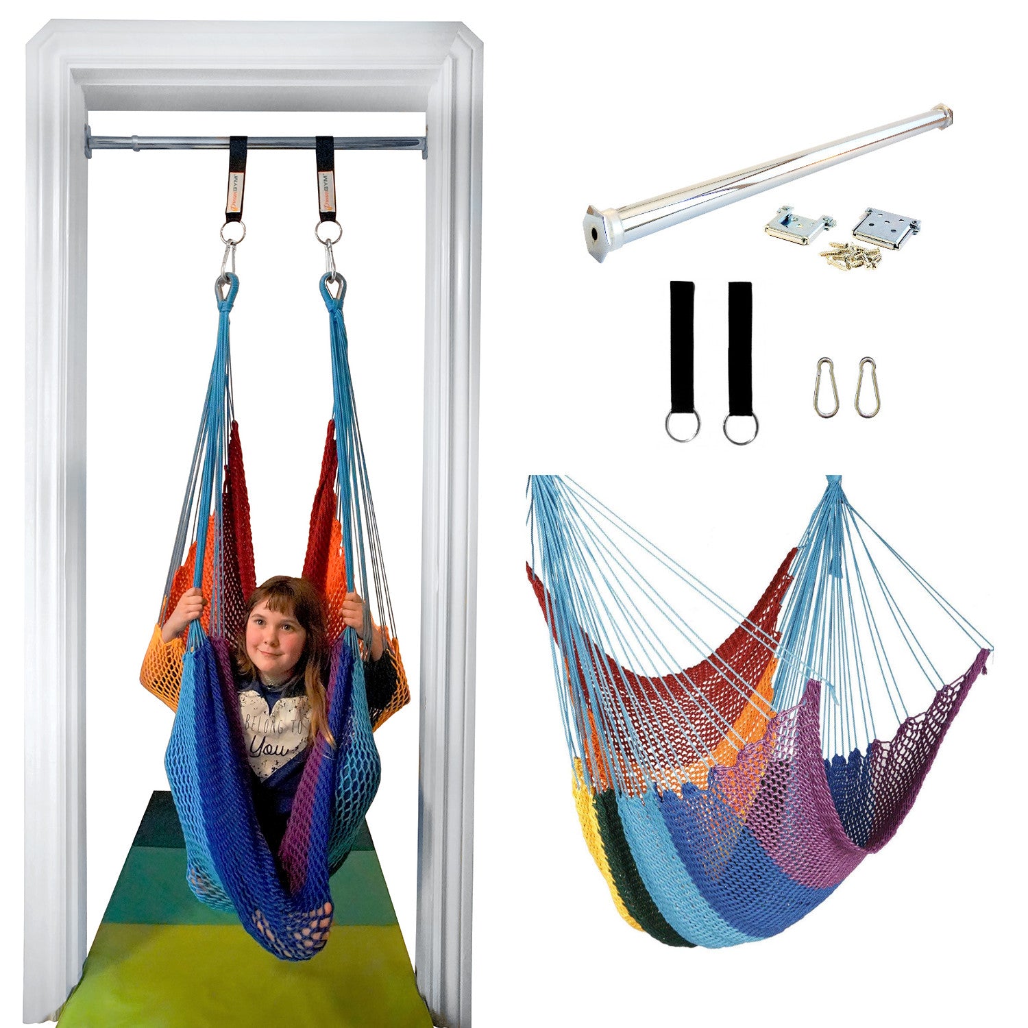 a girl is using a hammock swing installed in a doorway. THe net swing is in bright rainbow colours. 