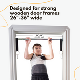 Doorway Swing support bar installation requirements. The bar is designed for strong wooden door frames 26-36 inches wide.