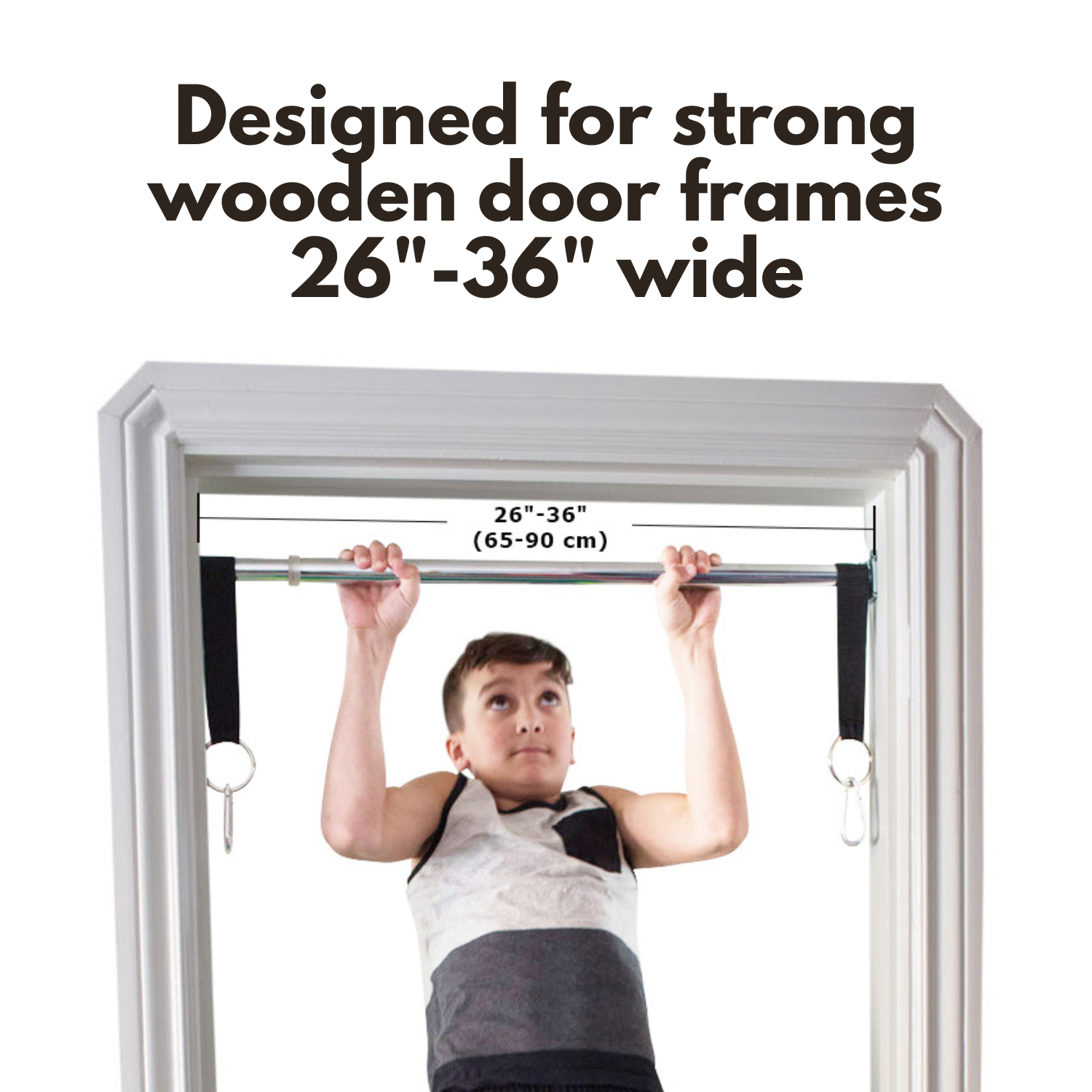 Doorway swing support bar is designed for strong wooden door frames 26-36 inches wide