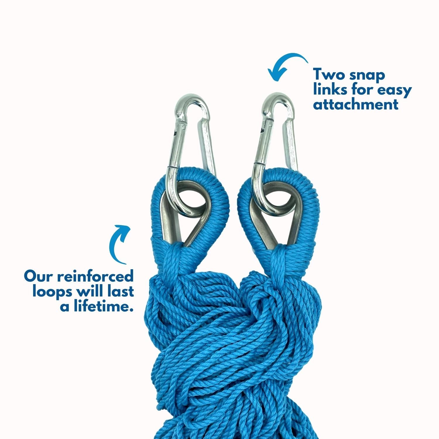 A close-up image of hammock chair enforced loops and two snap links.