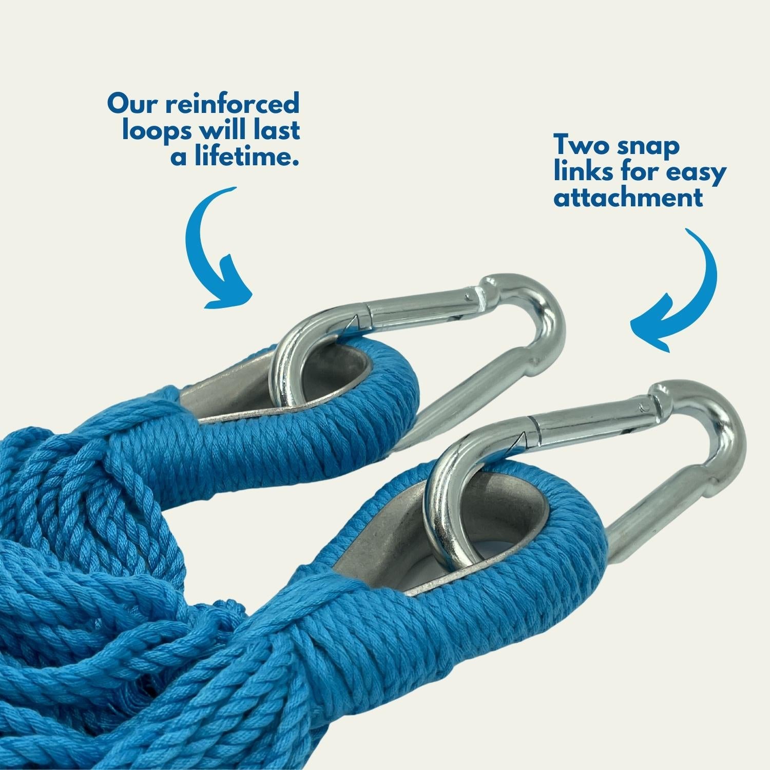 A close-up image of reinforced loops with two snap links of DreamGYM therapy hammock swing