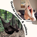 Hammock swing is great for using indoors and outdoors. A girl is sitting in a hammock swing in a living room and someone is sitting in a hammock swing in the woods