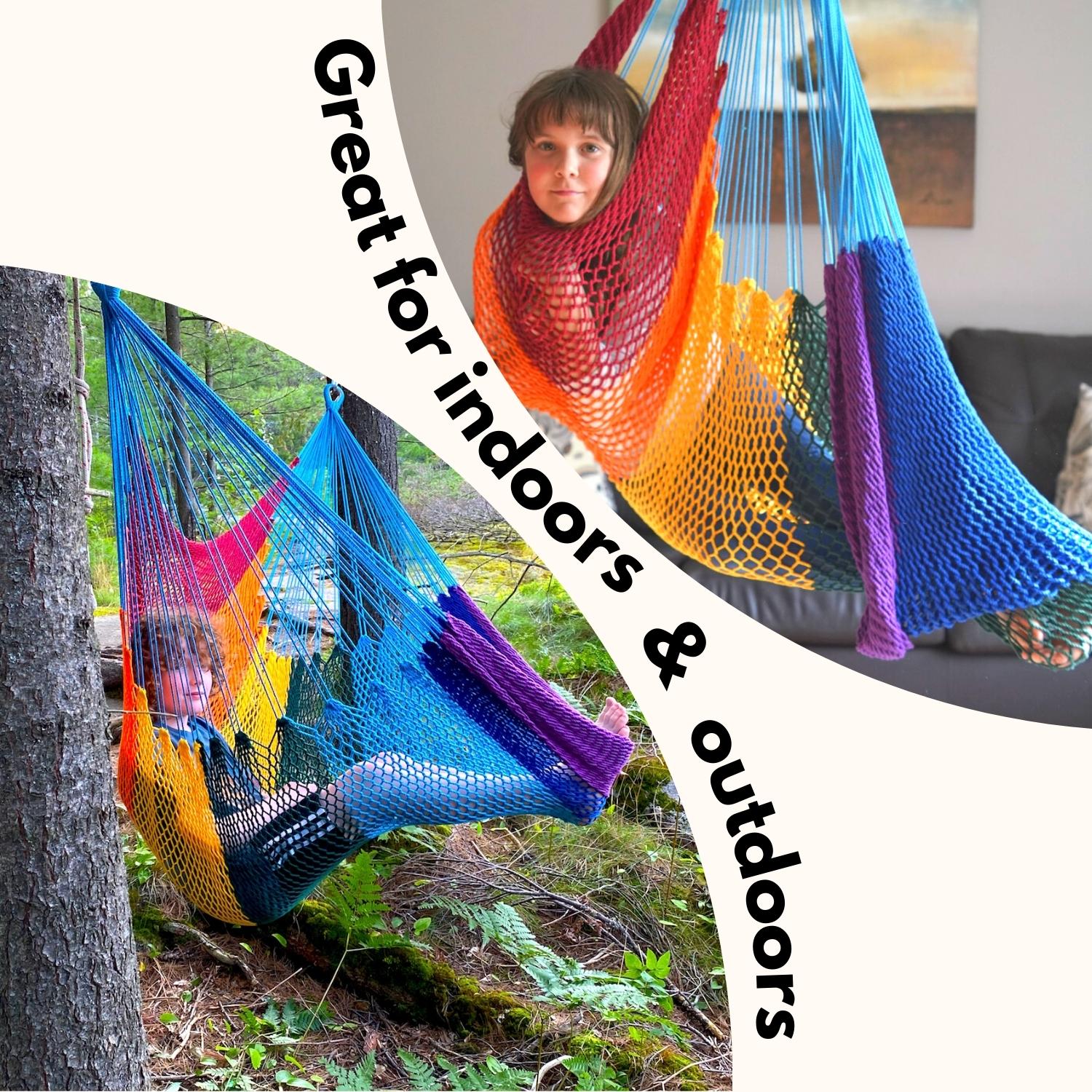 The rainbow hammock swing is great for indoors and outdoors. A girl is swinging in a hammock in a living room and a boy is using a hammock swing in the forest.