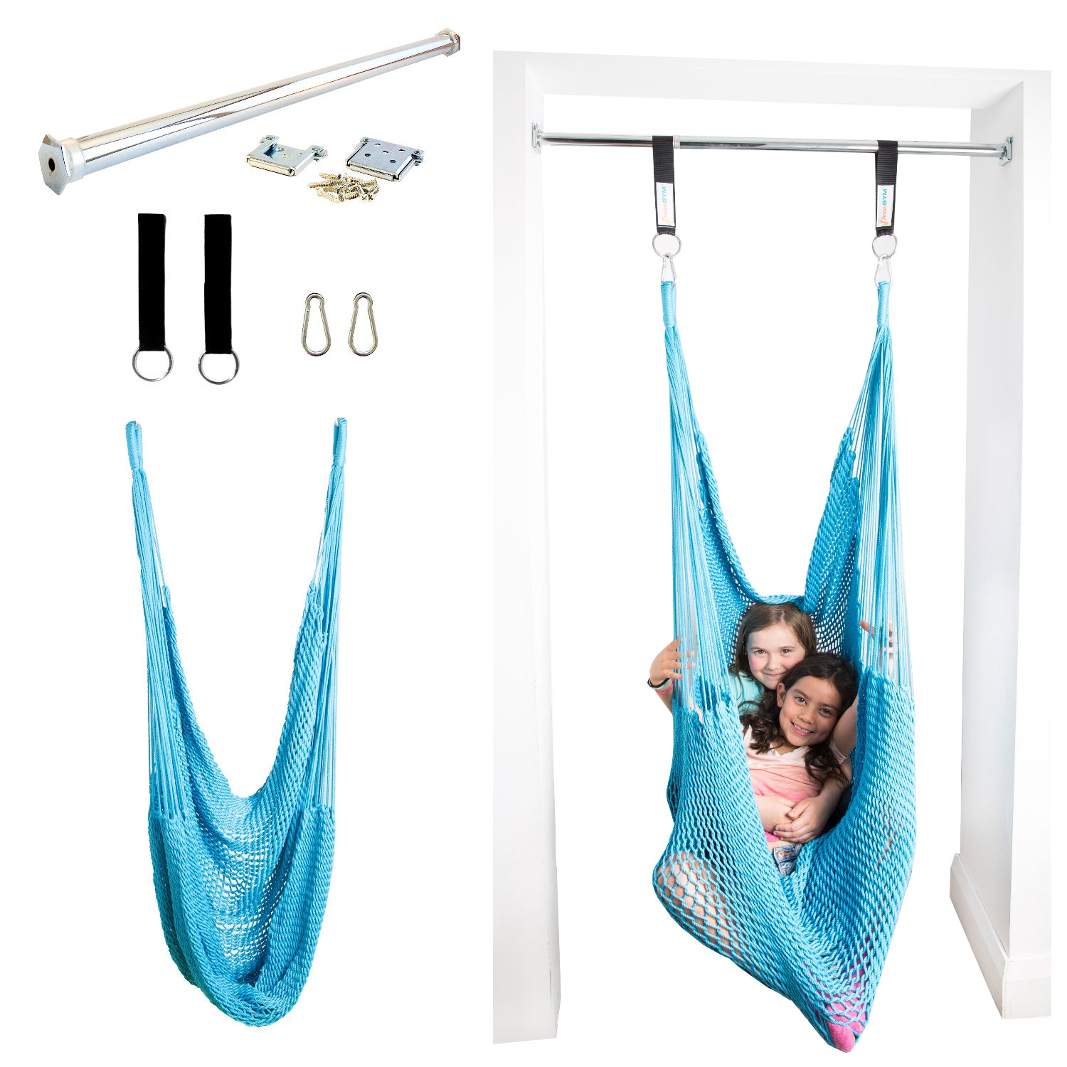 Doorway therapy hammock swing installed in a door frame with two girls using it.