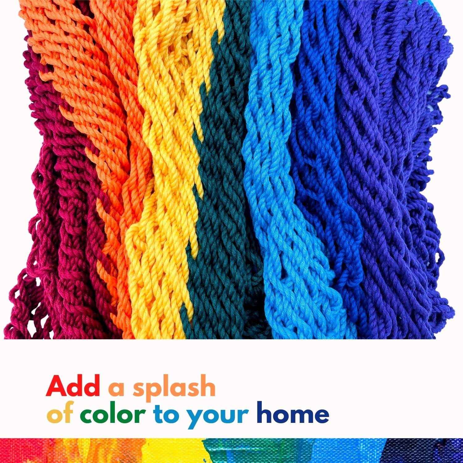 A close-up image of rainbow hammock swing. Add a splash of color to your home.