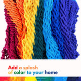 A close-up image of rainbow hammock swing. Add a splash of color to your home.