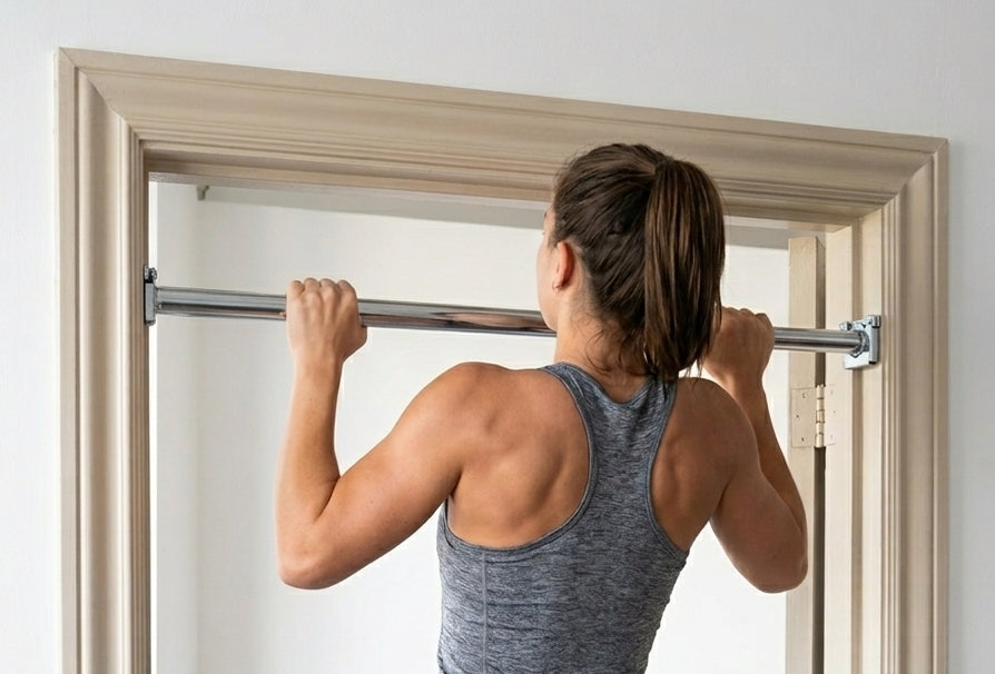 A woman is doing a pullup on DreamGYM Doorway Bar