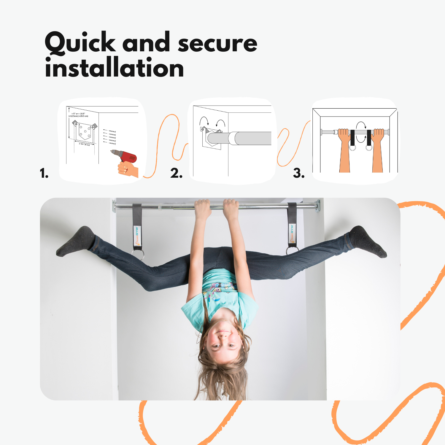 Steps for quick and secure installation of the doorway swing bar