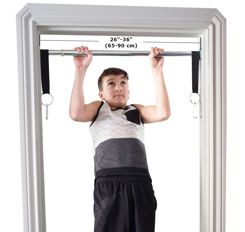 Doorway swing support bar requires 26-36 inches door frame. A teen boy is doing pull-ups