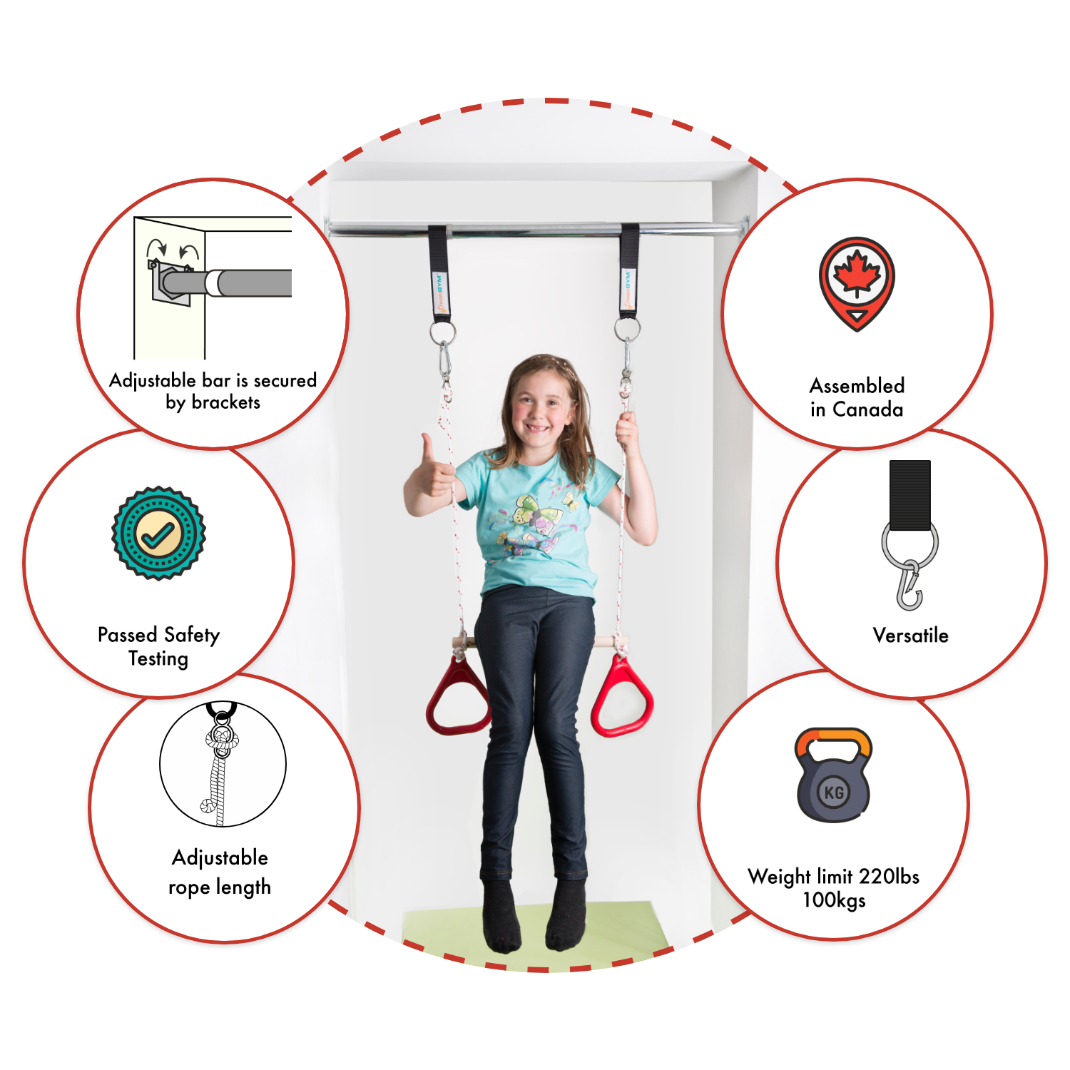 Information about doorway swing that includes a trapeze bar and gymnastics rings combo.