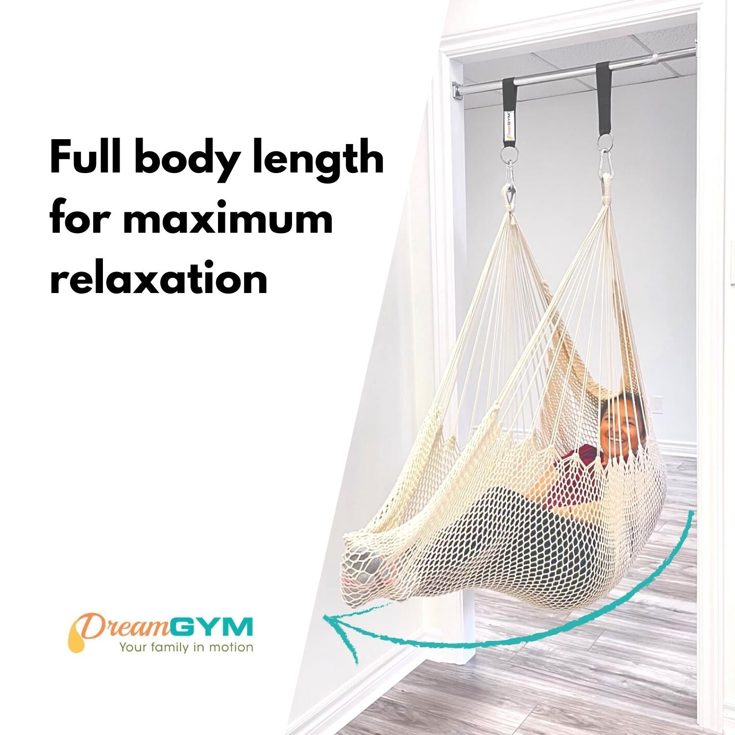 An adult is using DreamGYM Doorway hammock Swing. Full body length for maximum relaxation. 