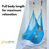 An adult using a doorway hammock swing. Full body length for maximum relaxation. 