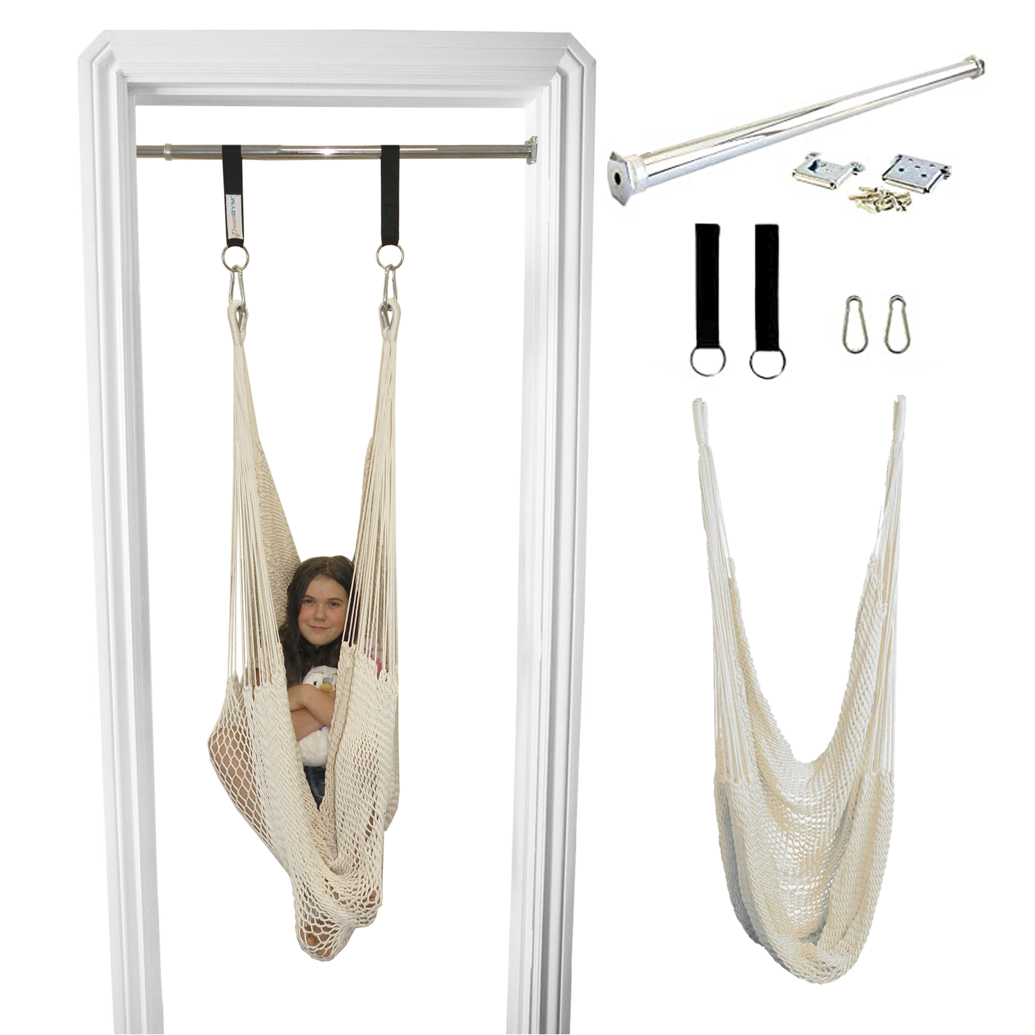 A girl is sitting in a hammock swing hung in a doorway. 