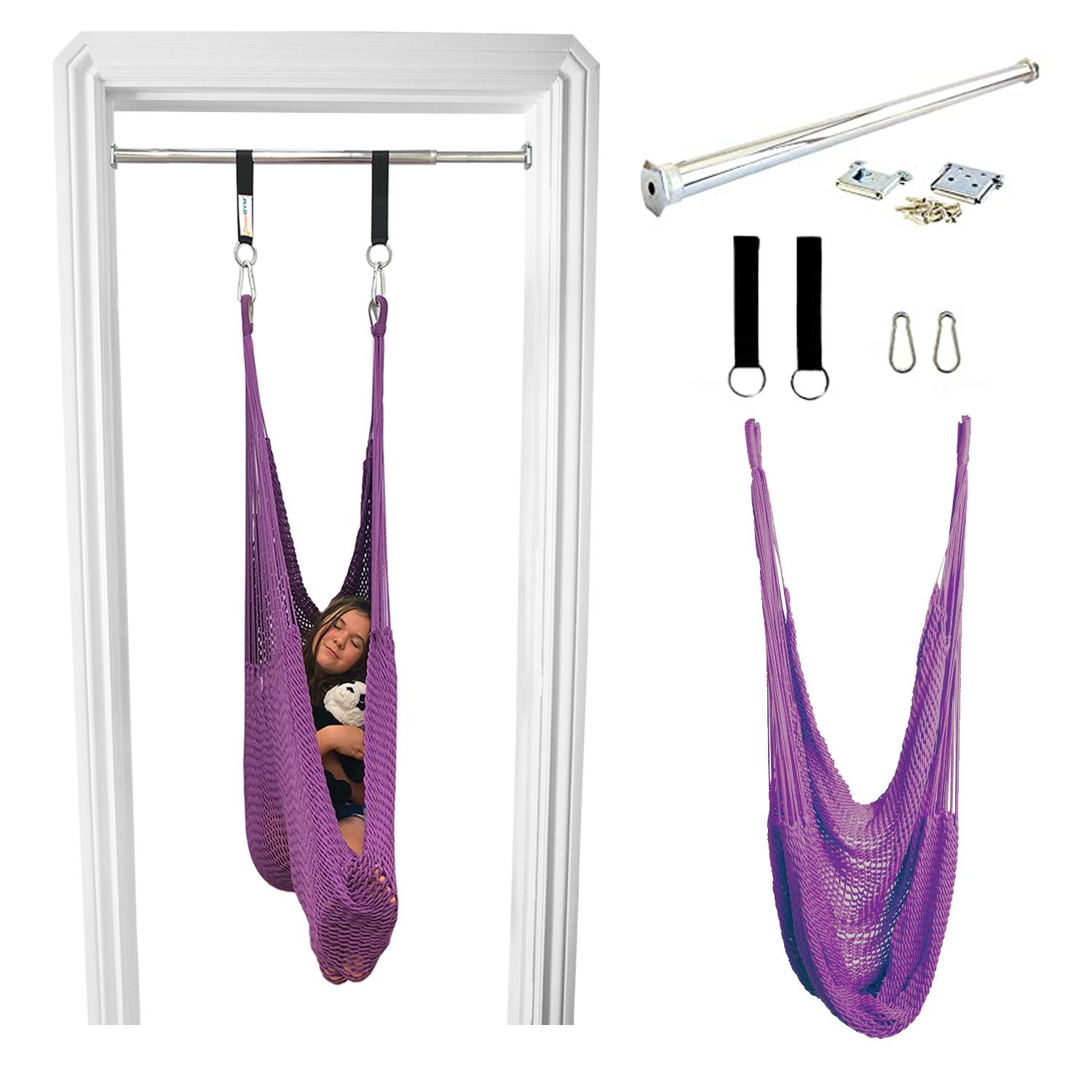 DreamGYM Doorway hammock swing in purple colour. A girl is resting in a hammock chair installed in a door frame.