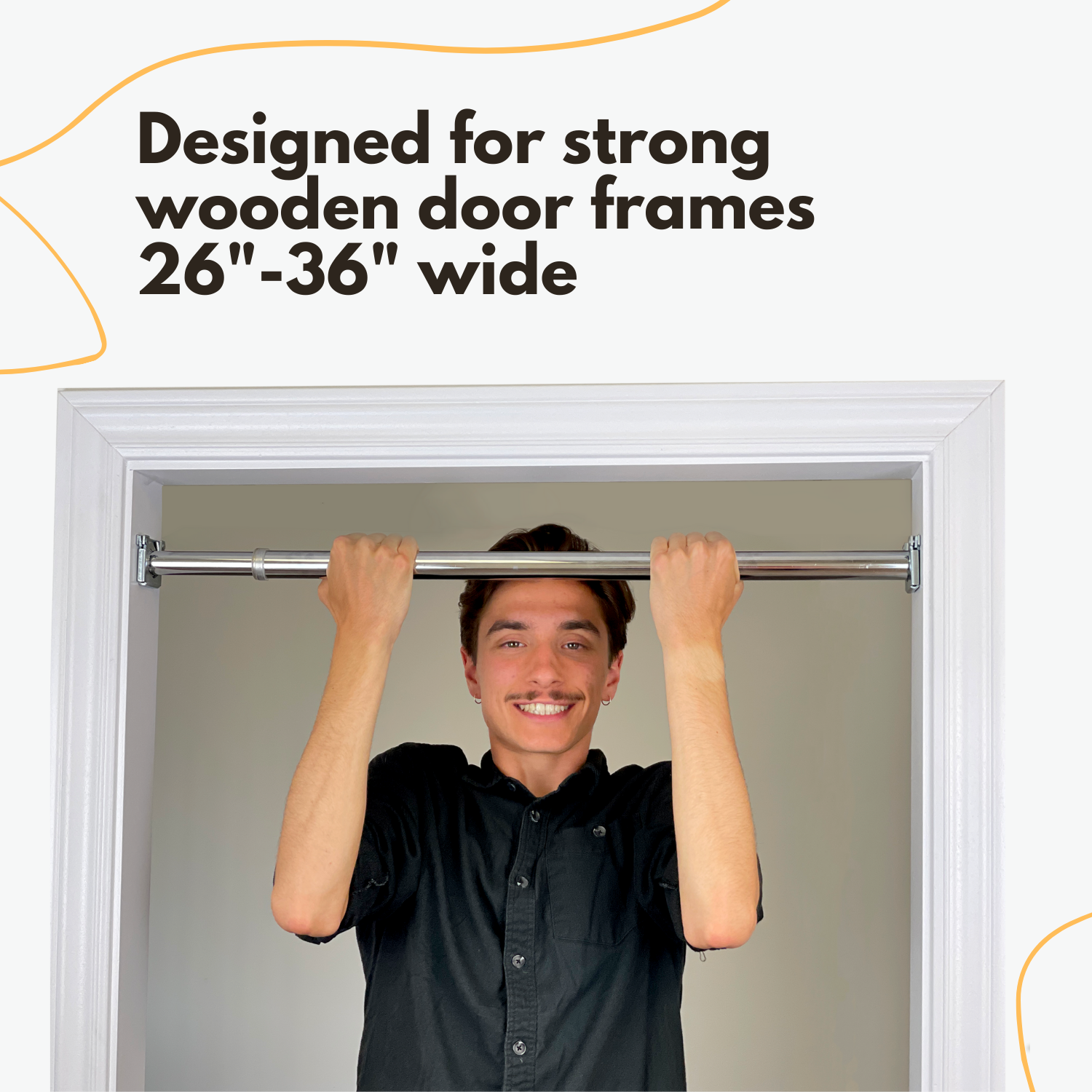 DreamGYM Doorway bar desogned for strong wooden door frames 26-36 inches wide. Young adult is doing pull-ups on screw-in chin-up bar