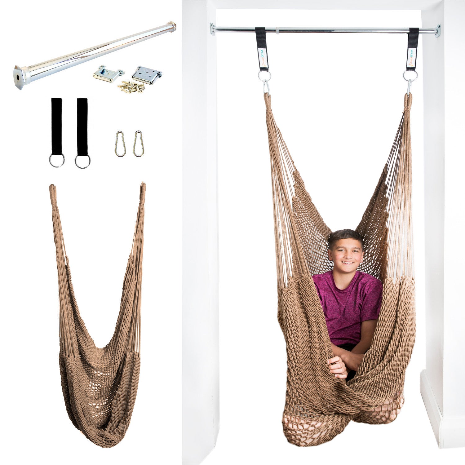 A boy is sitting in a brown hammock swing installed in a door frame.