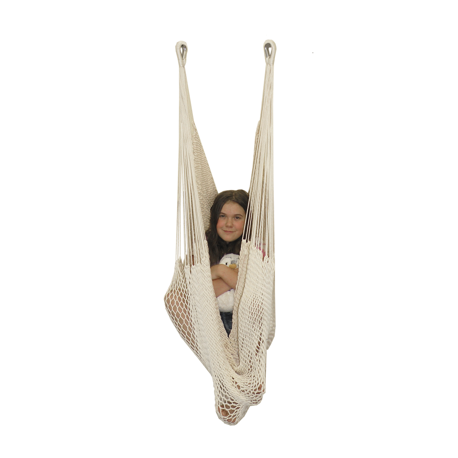 A girl is sitting in a Therapy Hammock Swing with her plush toy- Soft Ivory - DreamGYM