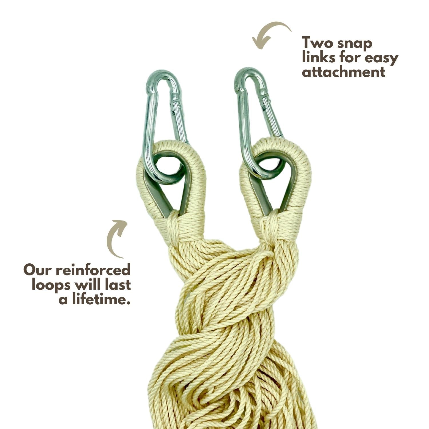 A close-up image of reinforced hammock loops and two snap links.