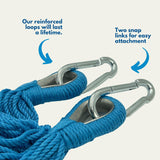 A close up image of reinforced hammock swing loops that will last a lifetime with two snap links for easy installation.