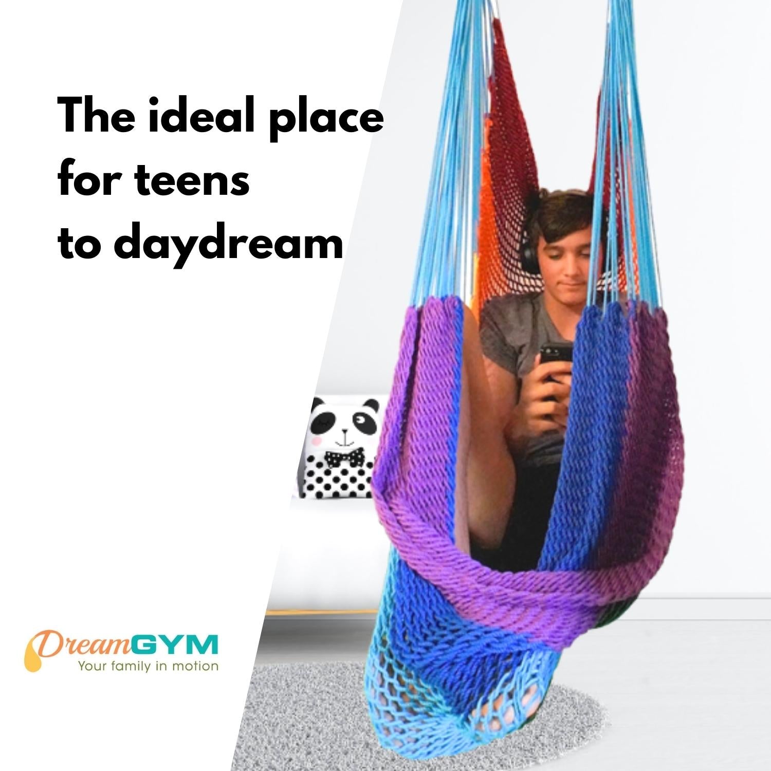 A teen boy is lounging in a hammock swing in headphones and his phone. It is an ideal place for teens to daydream.