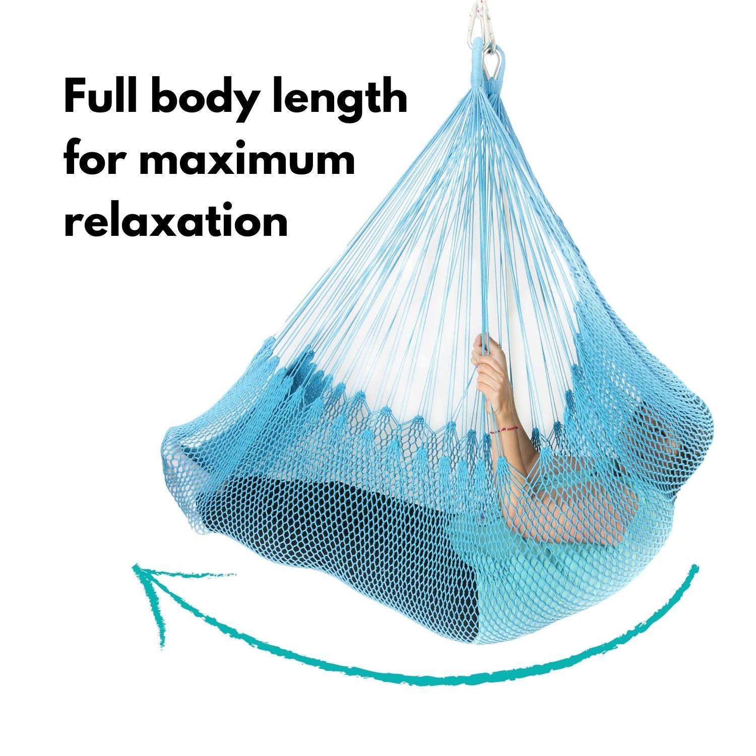 A woman is resting in a blue hammock that supports her full body for maximum comfort