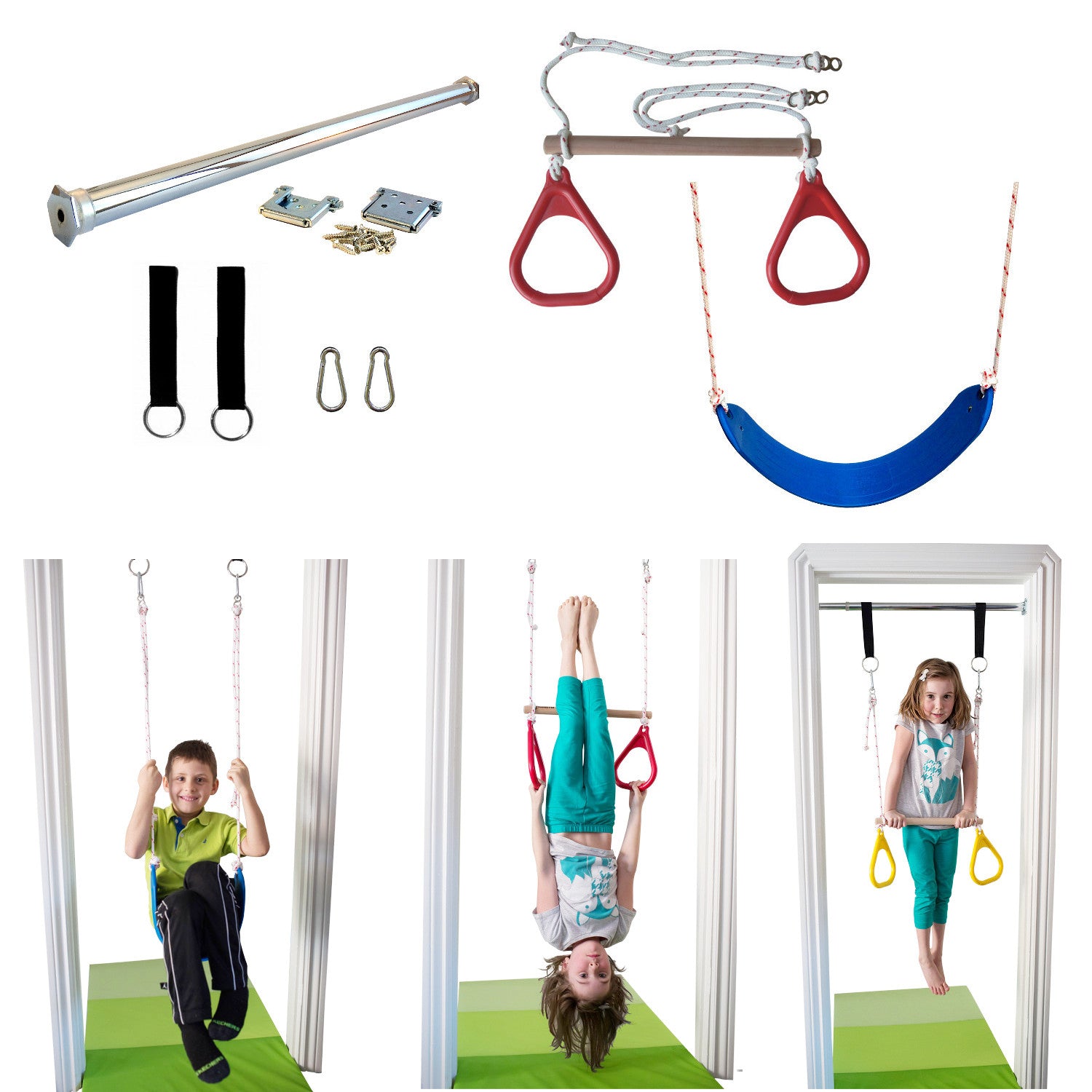 Doorway swing for kids set by DreamGYM. The kit includes a door bar to support the swing. Trapeze bar and gymnastic rings combo, classic swing.