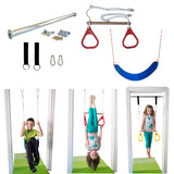 Doorway swing for kids set by DreamGYM. The kit includes a door bar to support the swing. Trapeze bar and gymnastic rings combo, classic swing.