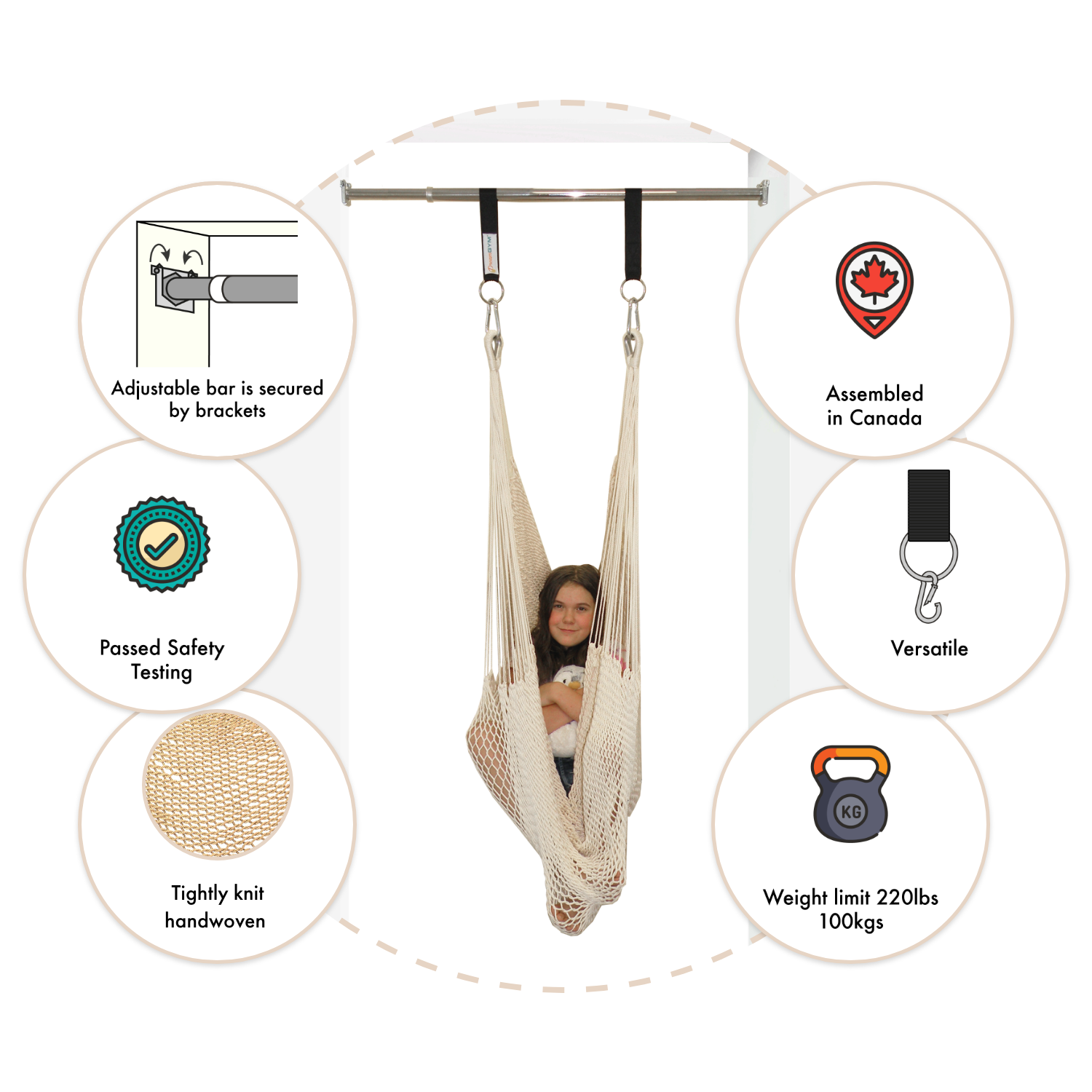 Doorway Hammock swing with features and benefits listed: adjustable bar is secured by brackets, passed safety testing, tightly knit handwoven, assembled in Canada, versatile, weight limit 220lbs/ 100kgs