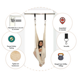 Doorway Hammock swing with features and benefits listed: adjustable bar is secured by brackets, passed safety testing, tightly knit handwoven, assembled in Canada, versatile, weight limit 220lbs/ 100kgs