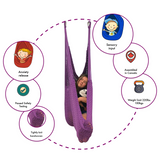 Infographics about features and benefits of therapy hammock swing. A girl is sleeping with her toy panda in the purple hammock. Features and benefits listed around are: anxiety release, passed safety testing, tightly knit handwoven, sensory input, assembled in canada, weight limit 220lbs/100kgs