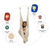 Infographics about Therapy Hammock Swing - Soft Ivory - A girl is sitting in a hammock with her toy with features and benefits listed around: Sensory input, anxiety release, passed safety testing, tightly knit handwoven, assembled in Canada, weight limit 220 lbs.