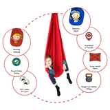 Infographics for Dream gym sensory swing, A boy is sitting inside a red sensory swing. Benefits: anxiety release, sensory input. Features: passed safety testing, assembled in Canada, 95% cotton/ 5% lycra 4-way stretch fabric with a weight limit of 220lbs/100kgs.