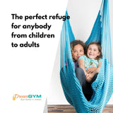 The perfect refuge for anybody from children to adults, mom and a daughter are enjoying sitting in a blue hammock swing together